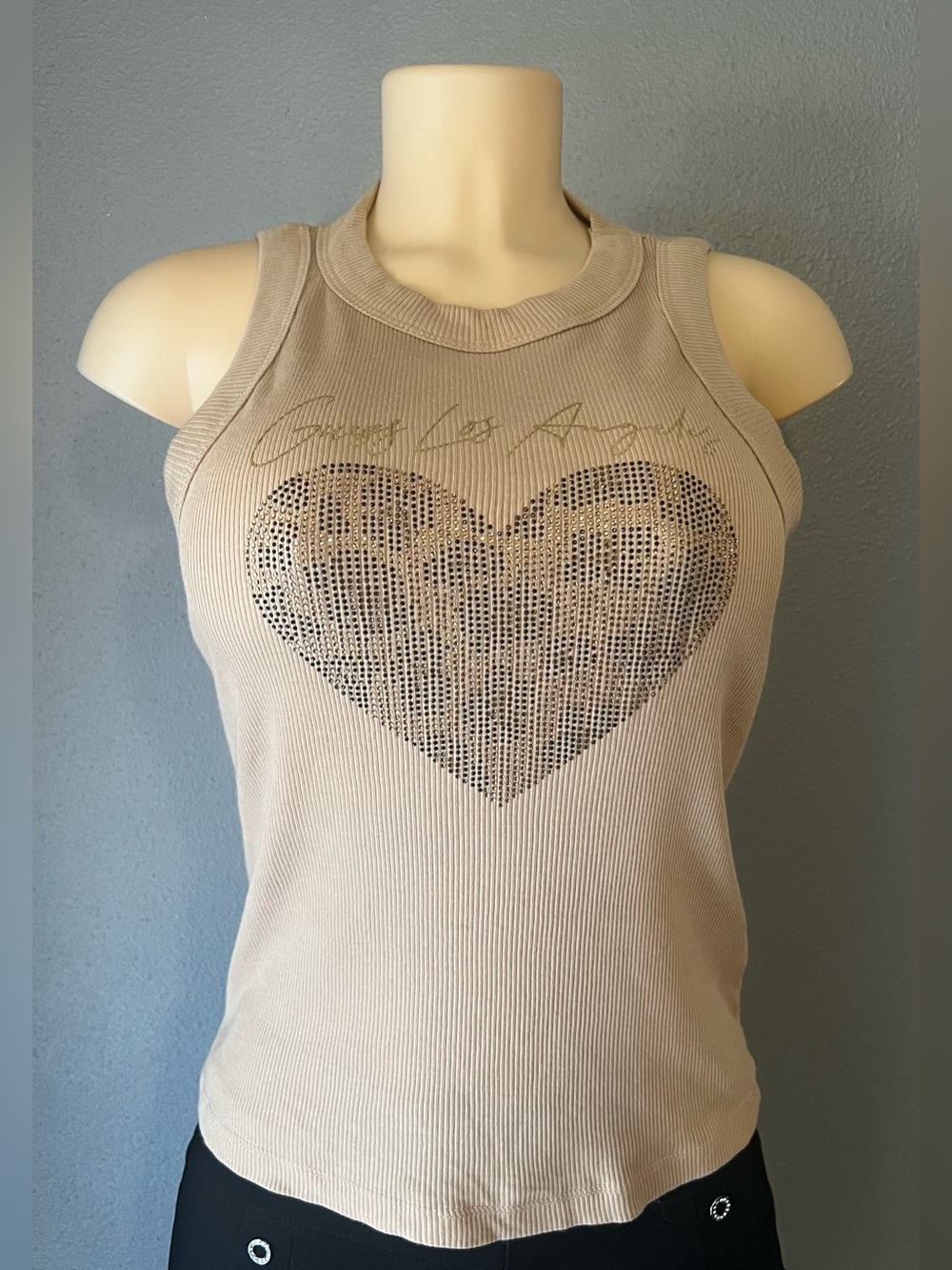Guess Rhinestone Heart Tank Top - Beige women’s size Medium.